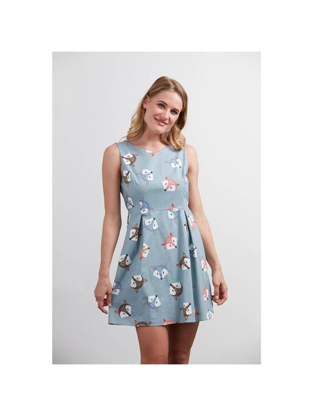 Colorful Fox Print Dress Light Blue Size Small